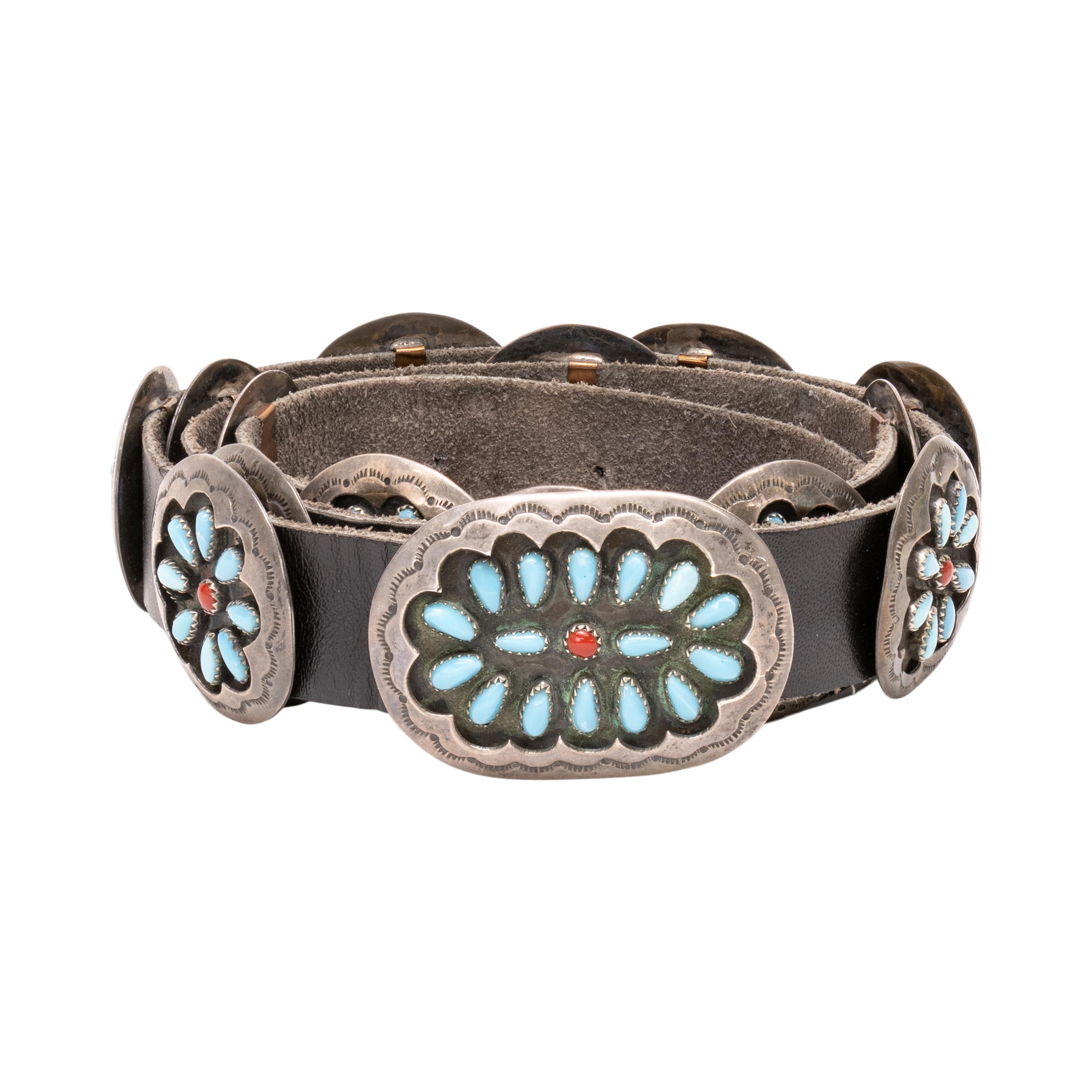 Mixed Cut Navajo Sterling Silver, Coral and Turquoise Concho Belt For Sale