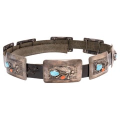 Navajo Sterling Silver Coral and Turquoise Concho Belt