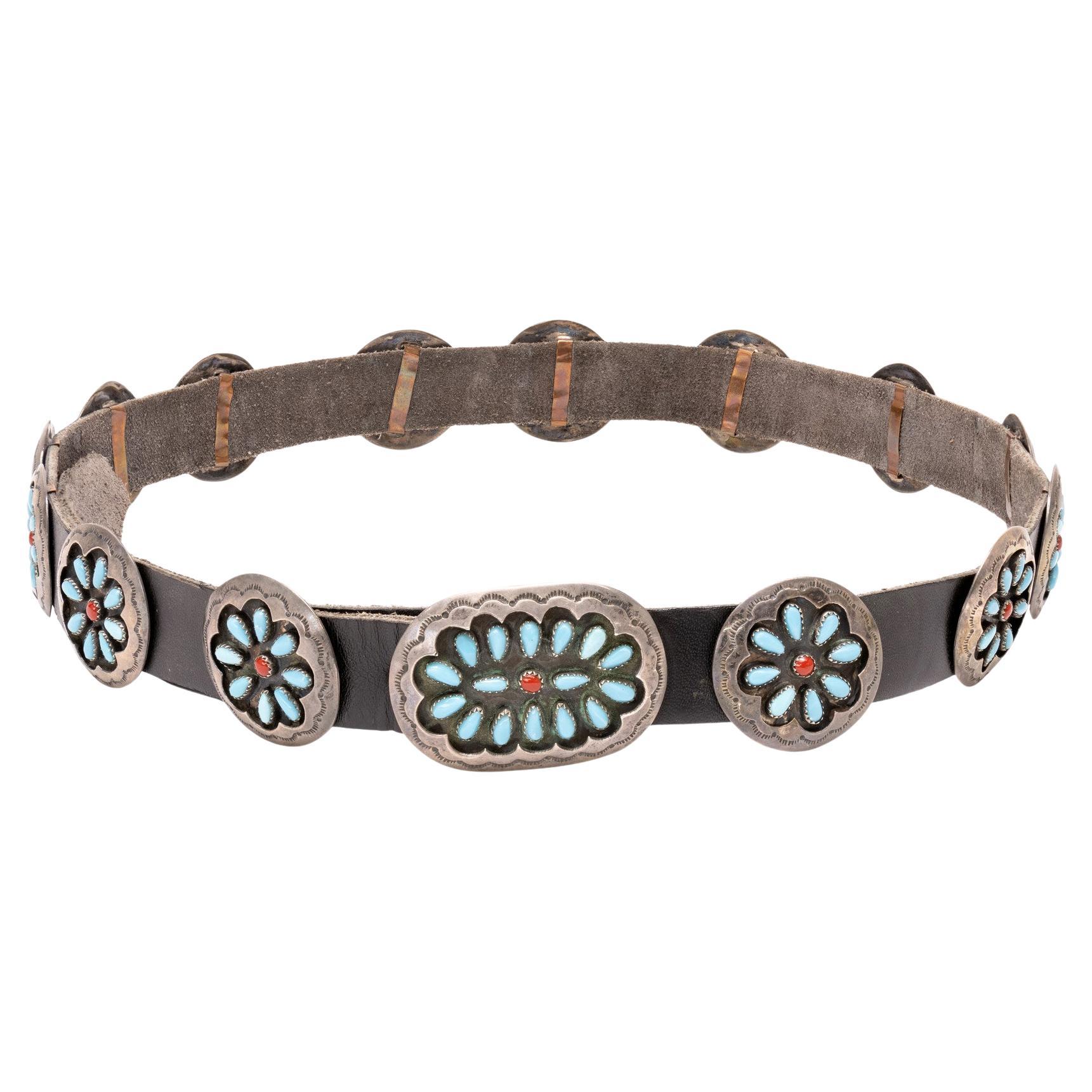 Navajo Sterling Silver, Coral and Turquoise Concho Belt For Sale