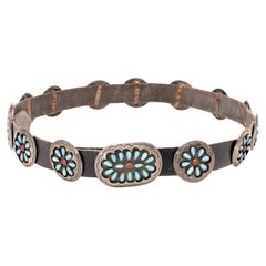 Navajo Sterling Silver, Coral and Turquoise Concho Belt