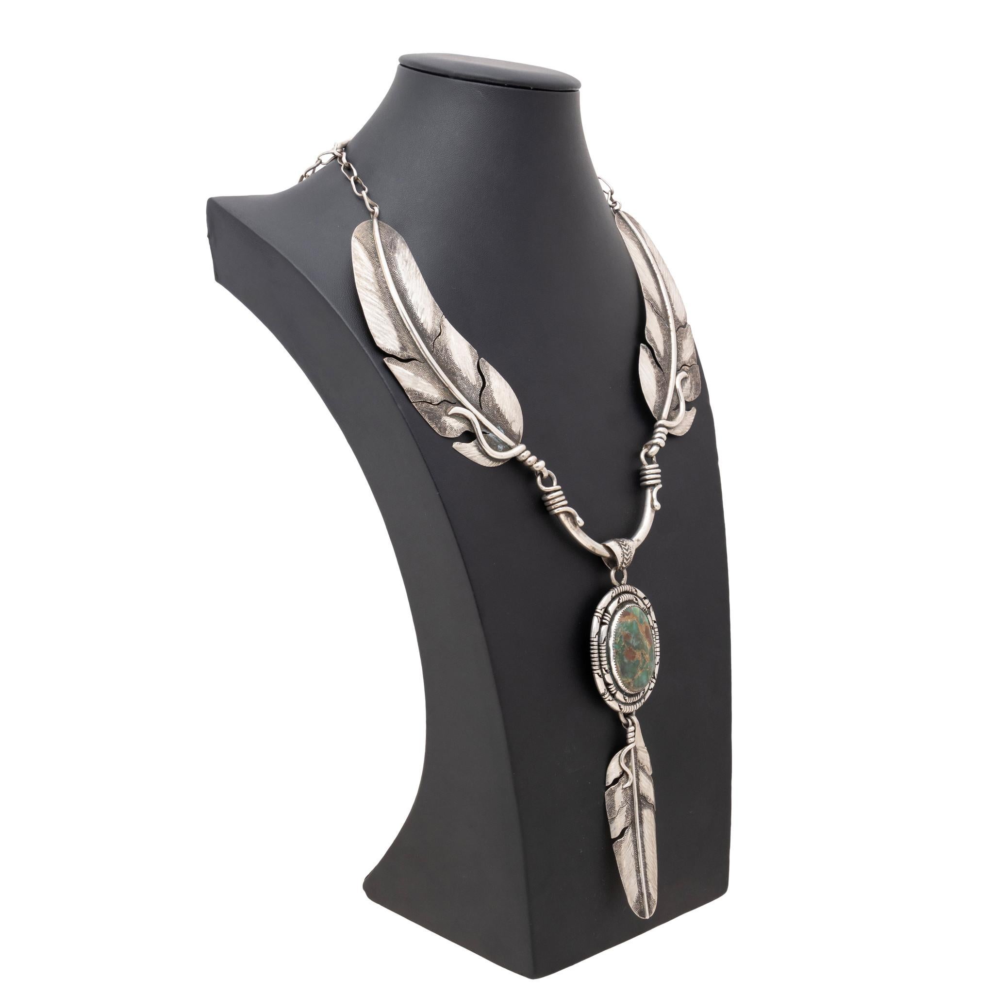 Native American Navajo Sterling Silver Feather and Turquoise Necklace For Sale