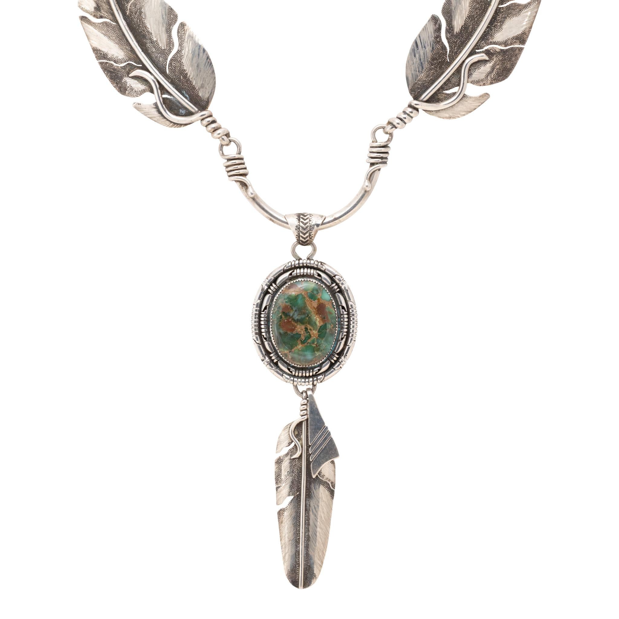 Women's or Men's Navajo Sterling Silver Feather and Turquoise Necklace For Sale