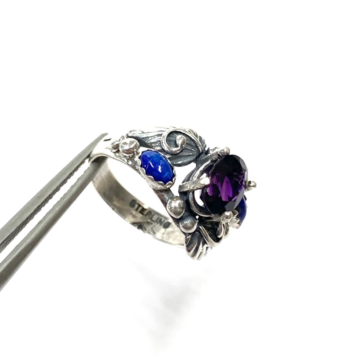 Navajo Sterling Silver Lapis Lazuli, Amethyst Ring 4.4 Gr. CCRS27 In New Condition In Brooklyn, NY