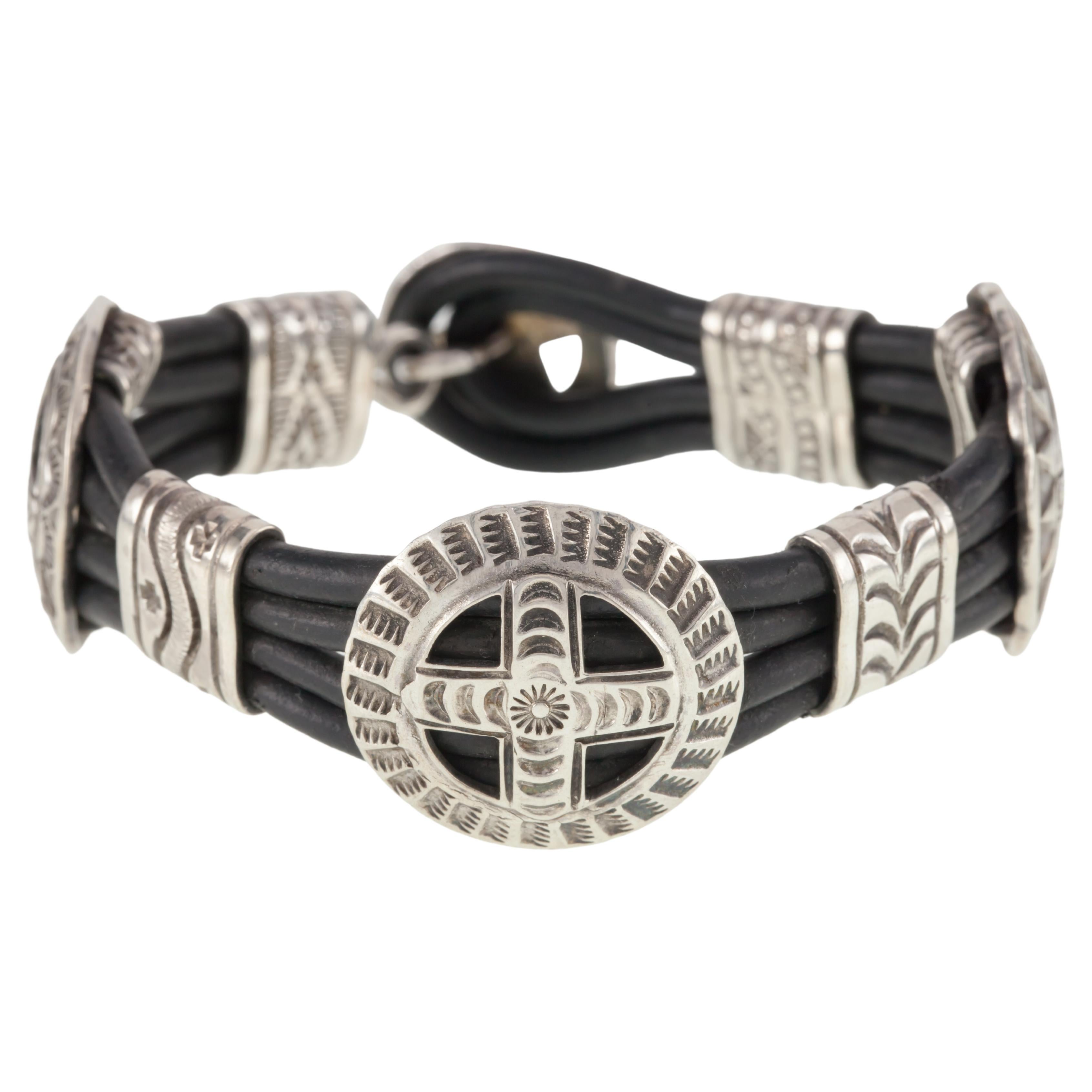 Bracelet Navajo en argent sterling et cuir 7.25" de long