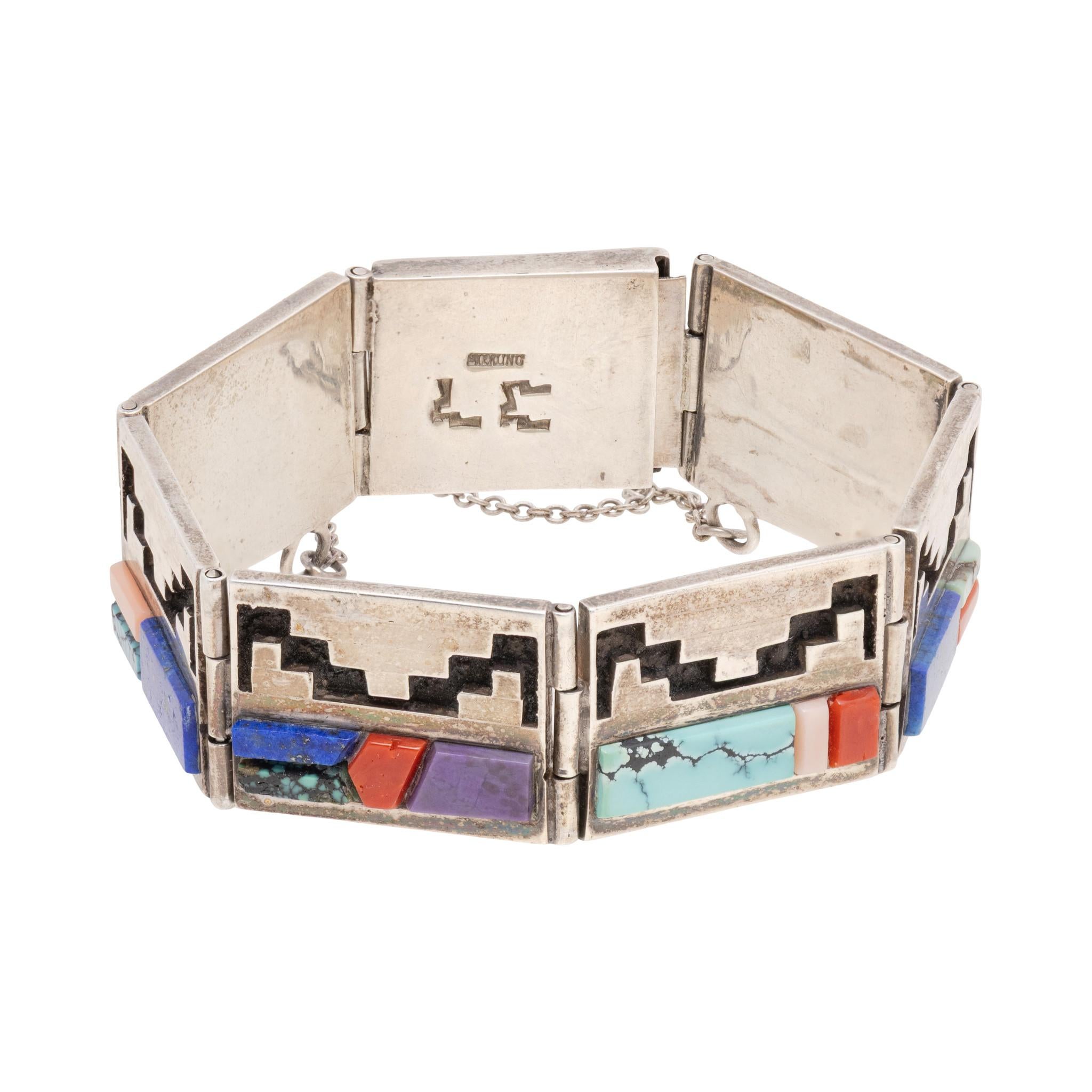 Nativo americano Bracciale con intarsio A Link in argento sterling Navajo in vendita
