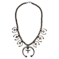 Navajo Sterling Silver Pearl Squash Blossom Turquoise Vintage Necklace