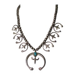 Navajo Sterling Silver Pearl Squash Blossom Turquoise Vintage Necklace