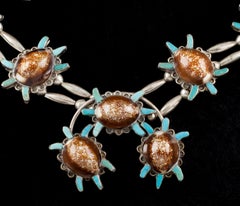 Navajo Sterling Silver Turquoise & Brown Speckled Shell Squash Naja Necklace