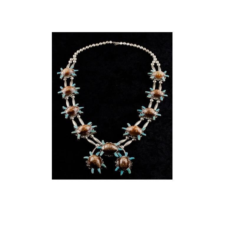 Cabochon Navajo Sterling Silver Turquoise & Brown Speckled Shell Squash Naja Necklace For Sale