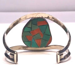 Navajo Sterling Silver Turquoise & Coral Cuff Bracelet with Surprise