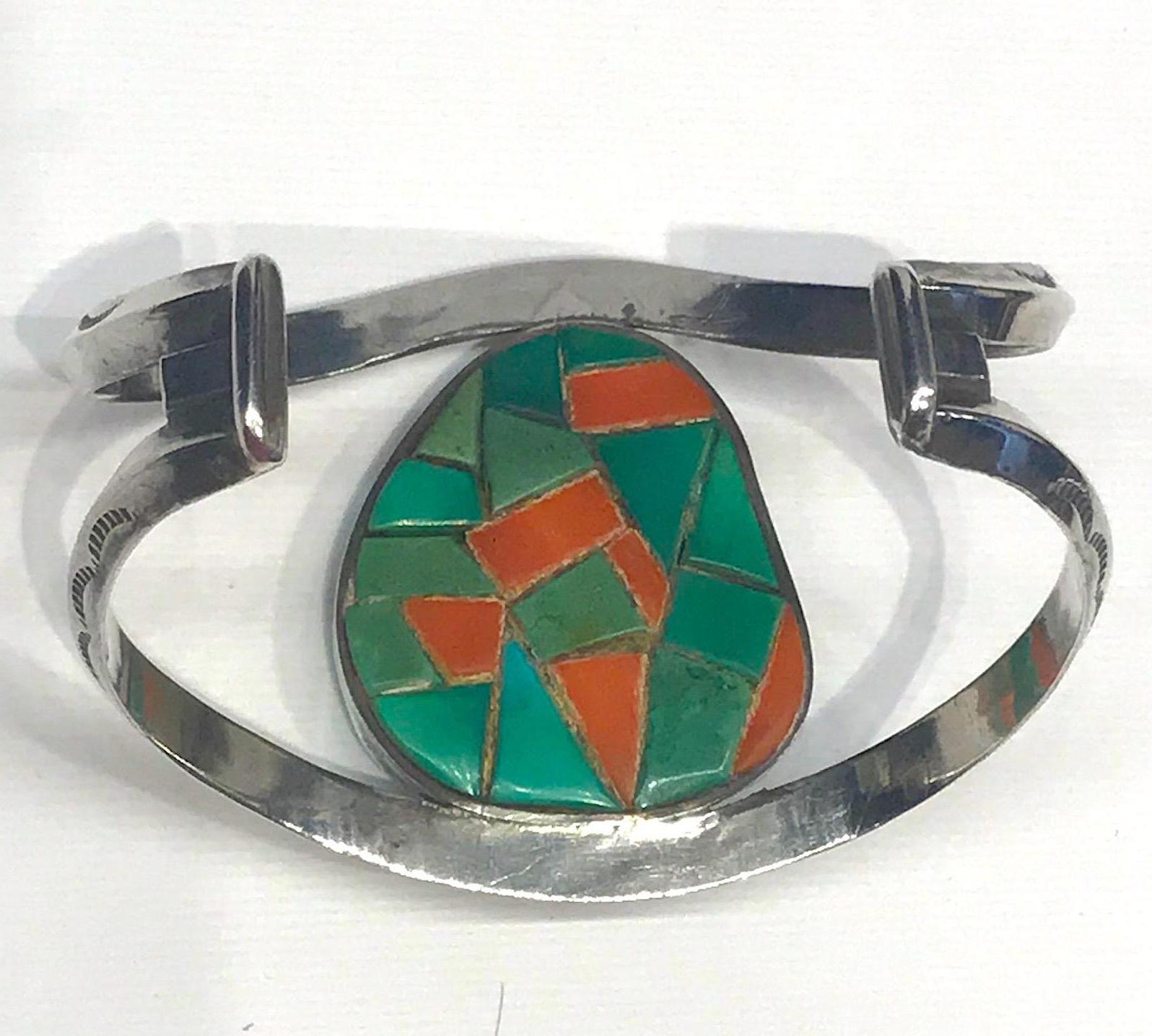 Navajo Sterling Silver Turquoise & Coral Cuff Bracelet with Surprise 2