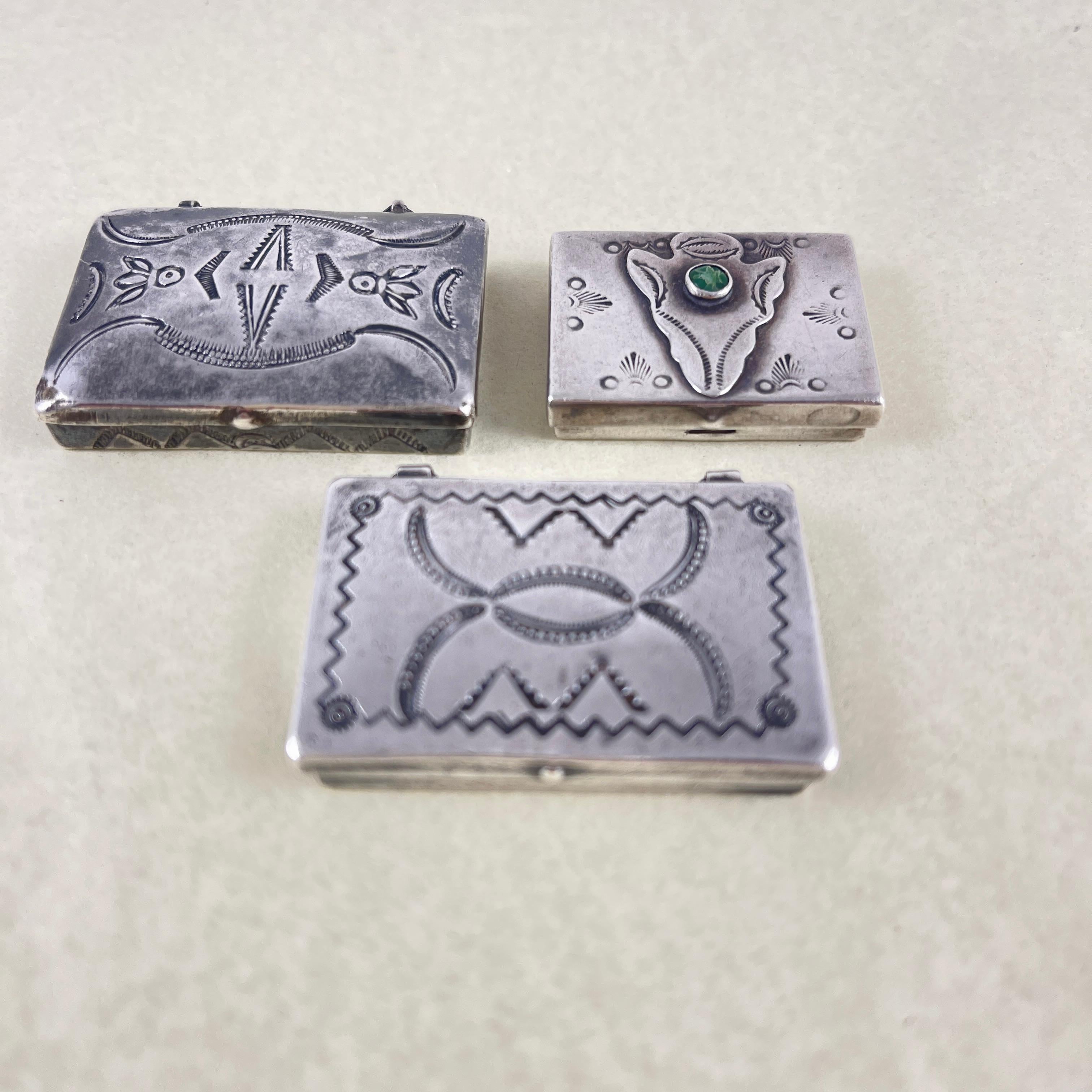 Hand-Crafted Navajo Sterling Silver & Turquoise Hand Made Pill Boxes, Set of Three, 1930s For Sale