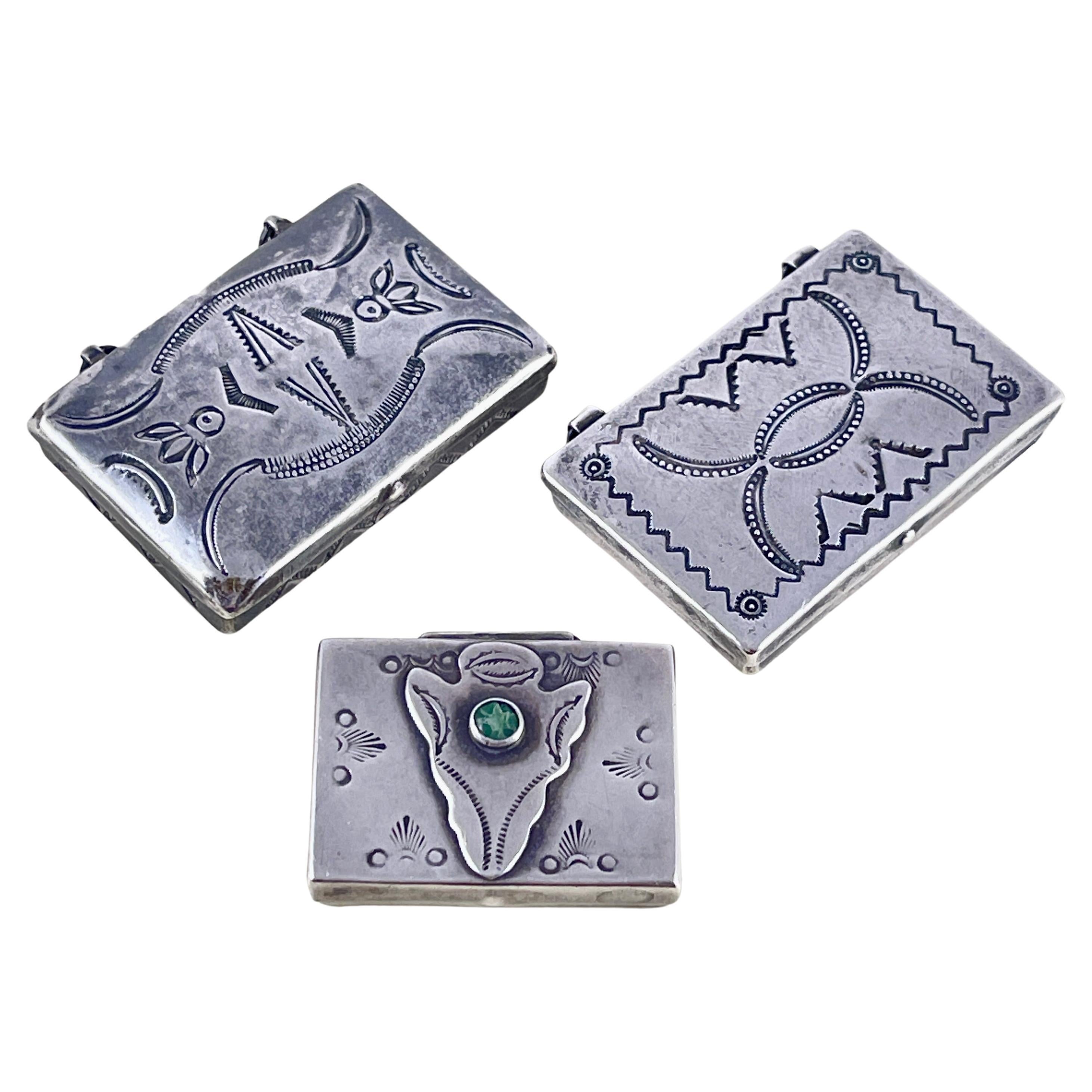 Navajo Sterling Silver & Turquoise Hand Made Pill Boxes, Set of Three, 1930s For Sale