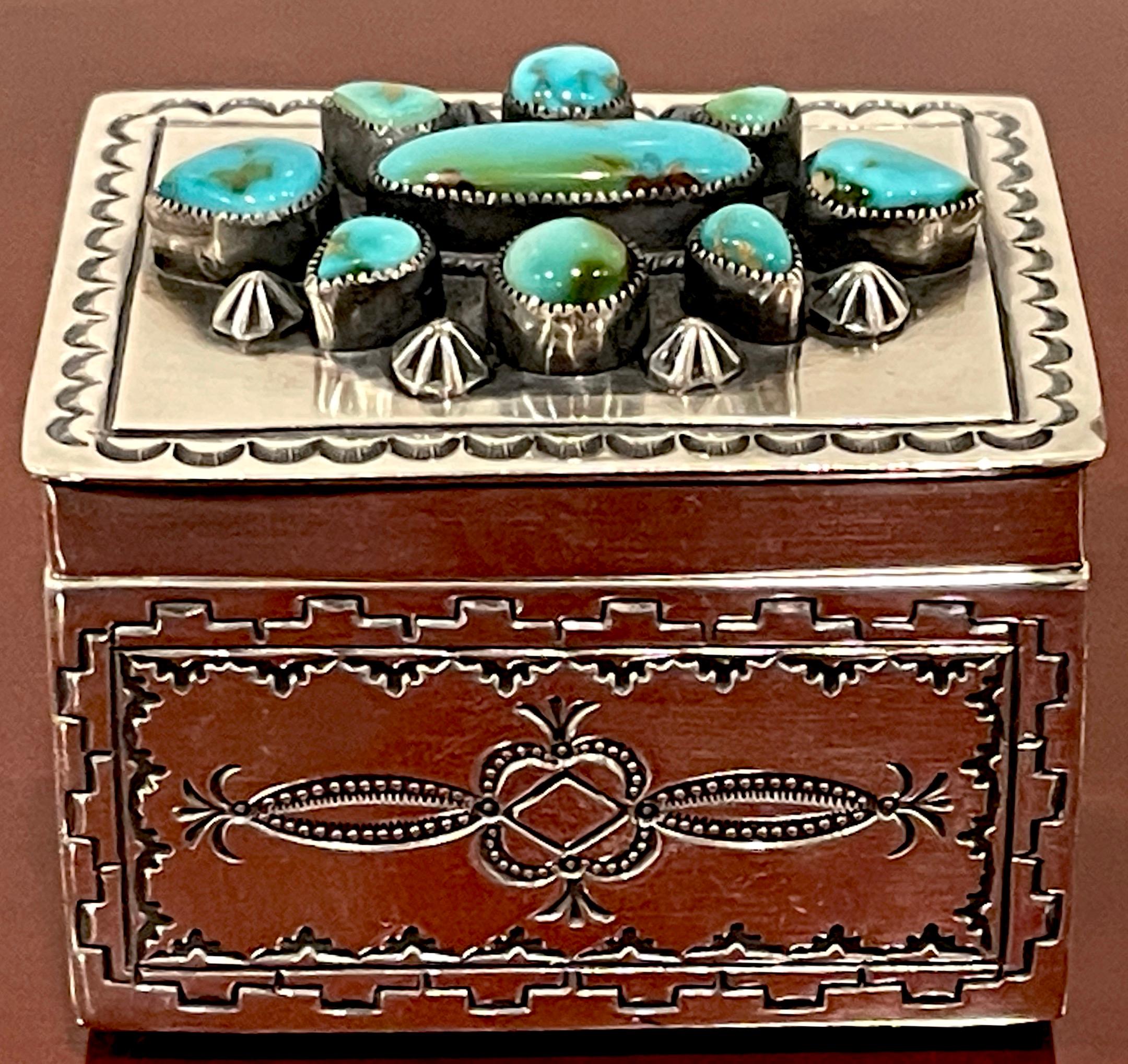 Navajo Sterling Silver & Turquoise Hinged Box, by Gary Reeves
Gary Reeves (1962-2014)
The Navajo sterling silver and turquoise hinged box, crafted by the renowned Navajo silversmith Gary Reeves (1962-2014), is a choice example of Native American