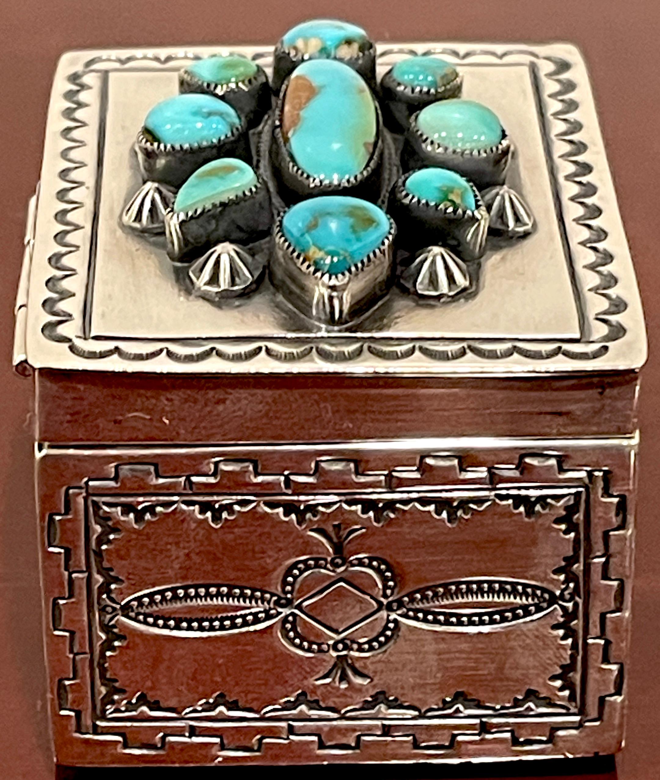 Native American Navajo Sterling Silver & Turquoise Hinged Box, by Gary Reeves For Sale