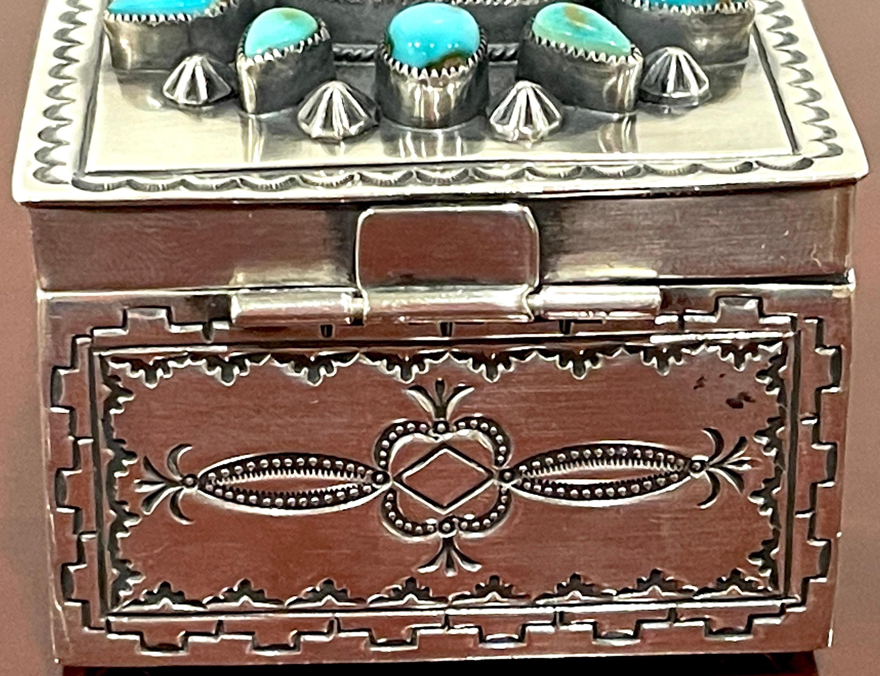 Cast Navajo Sterling Silver & Turquoise Hinged Box, by Gary Reeves For Sale
