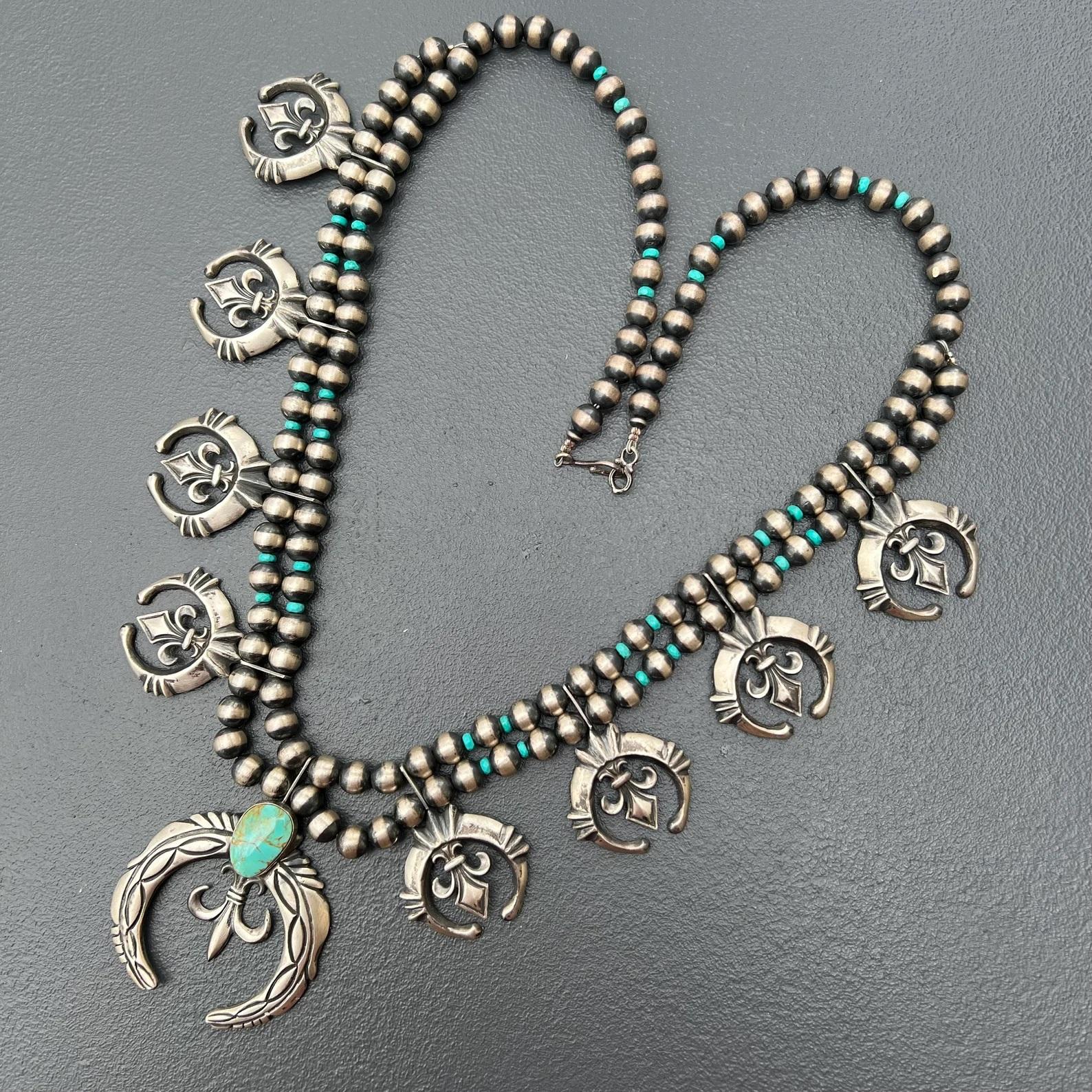 MASSIVE / Heavy Vintage  Handcrafted by Navajo silversmith, Charles Johnson  oxidized sterling silver necklace with a strand of Navajo pearls, featuring a large naja in center and smaller 4 naja on each side . All najas made of solid silver and are