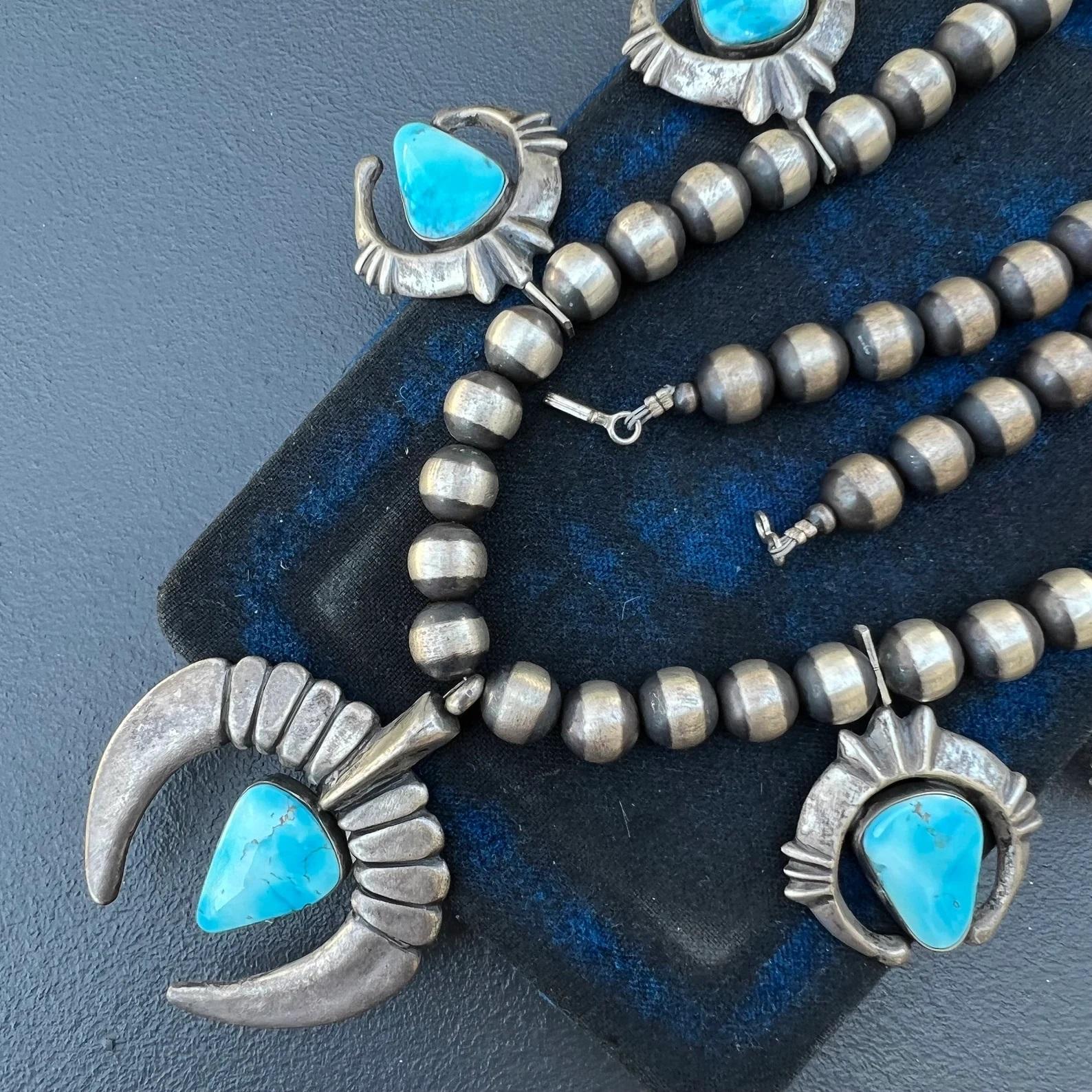 Navajo Sterling Silver Turquoise Squash Blossom Necklace For Sale 2