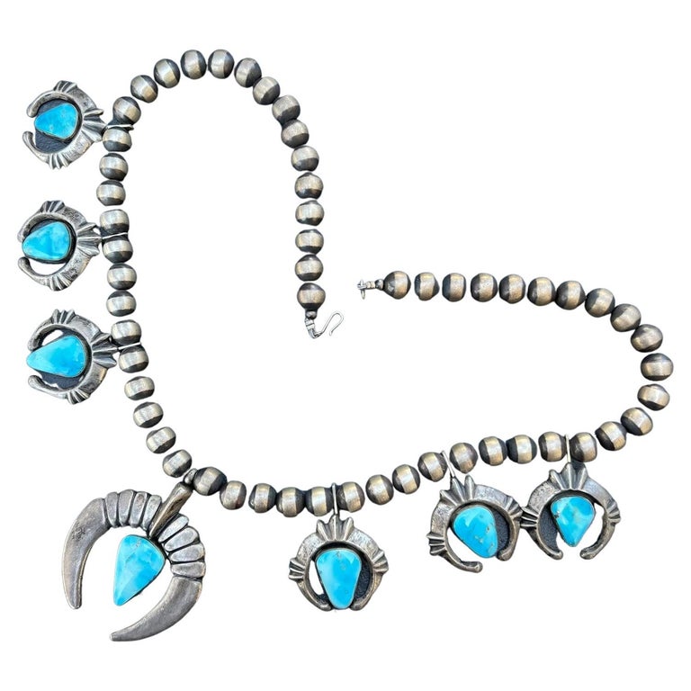 Navajo Sterling Silver Turquoise Squash Blossom Necklace For Sale at
