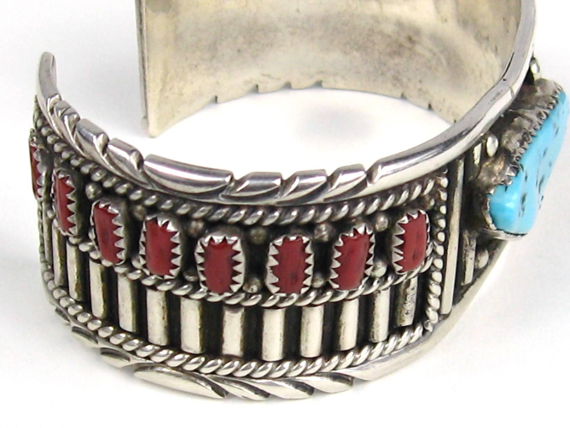 Native American Navajo Sterling Sterling silver Coral Turquoise Mirror Image Cuff Bracelet For Sale