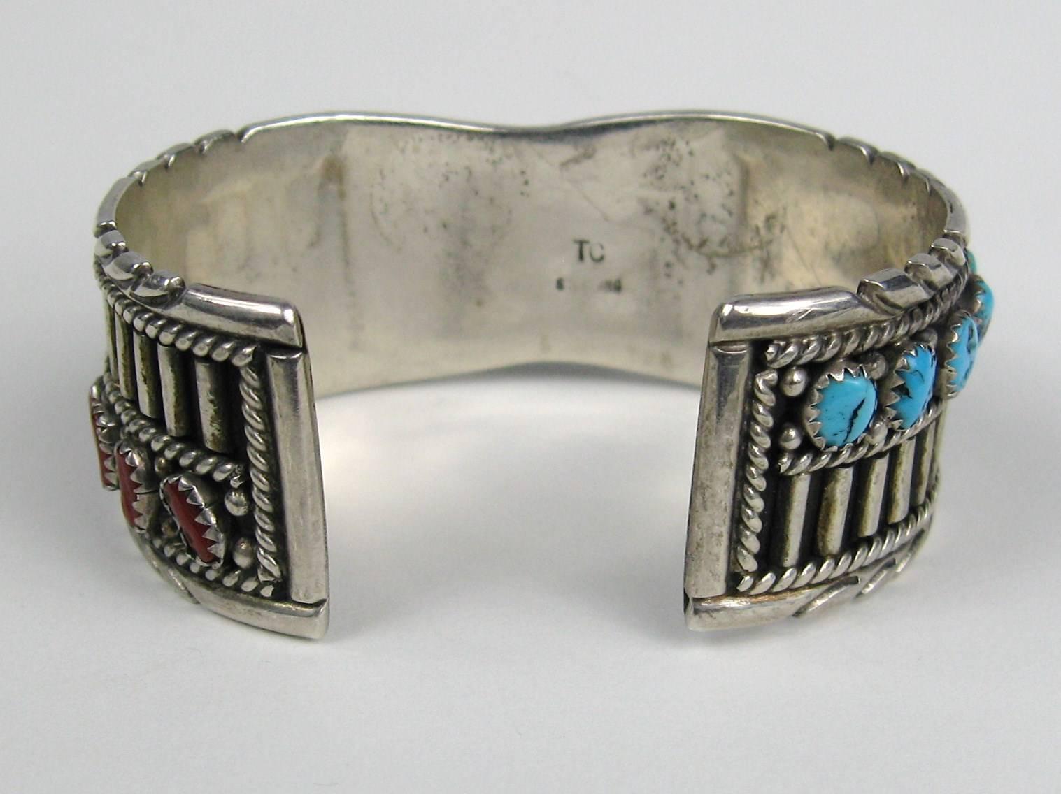 Women's Navajo Sterling Sterling silver Coral Turquoise Mirror Image Cuff Bracelet For Sale