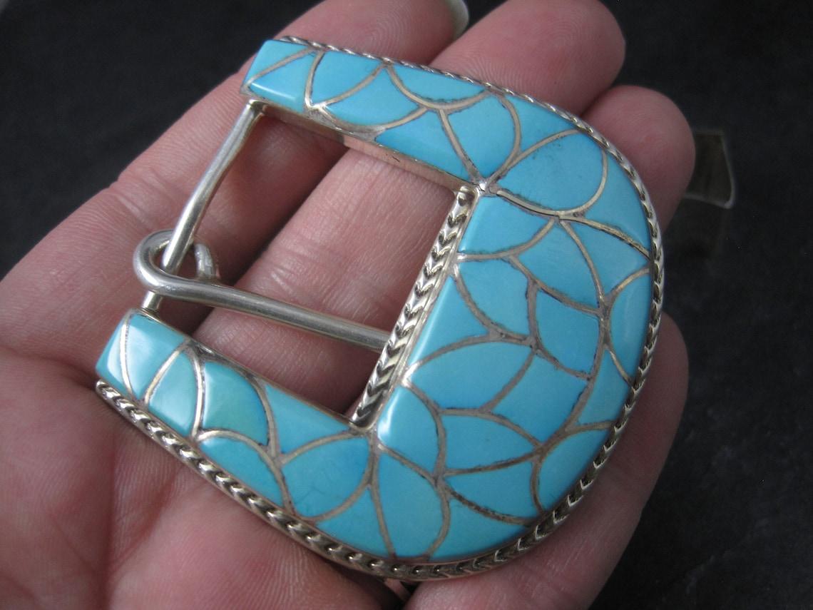 Navajo Sterling Turquoise Inlay Belt Buckle Set Emma Bonney For Sale 3