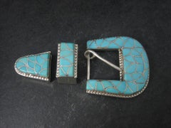 Navajo Sterling Turquoise Inlay Belt Buckle Set Emma Bonney