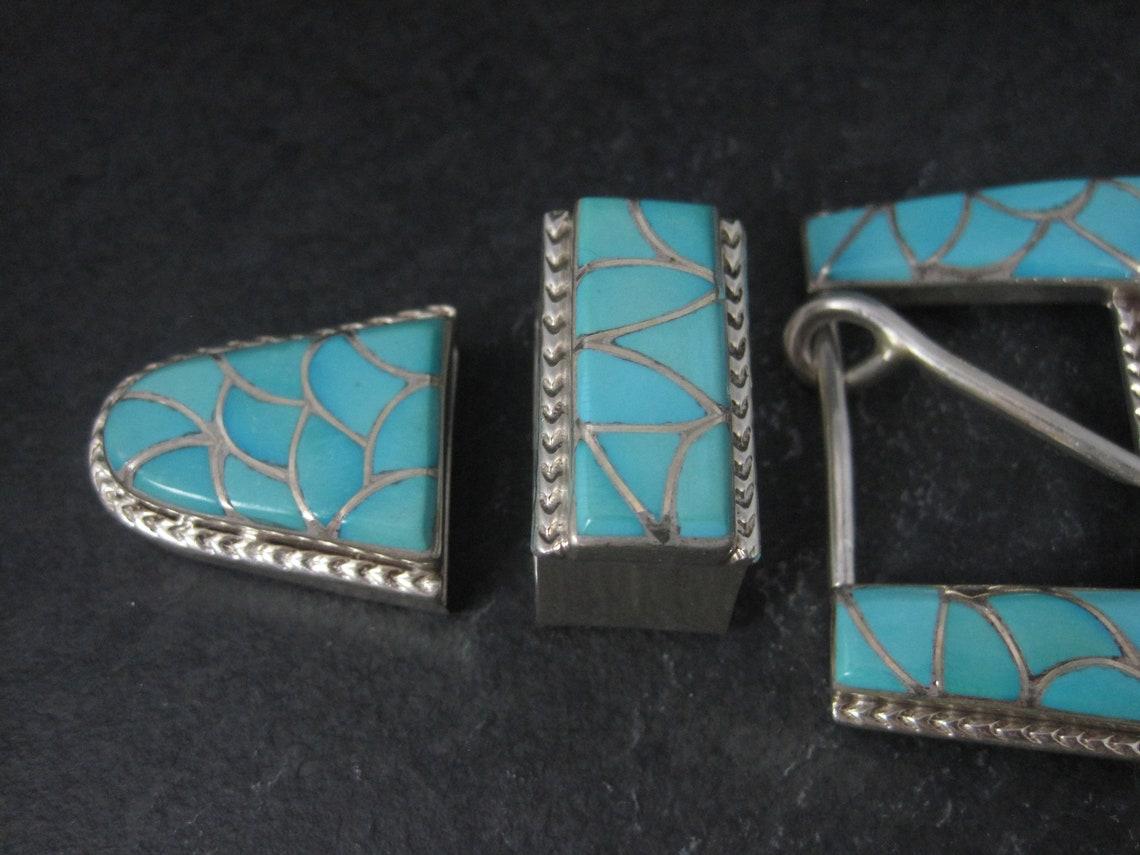 Native American Navajo Sterling Turquoise Inlay Belt Buckle Set Emma Bonney For Sale