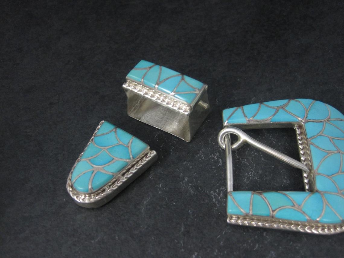 Mixed Cut Navajo Sterling Turquoise Inlay Belt Buckle Set Emma Bonney For Sale