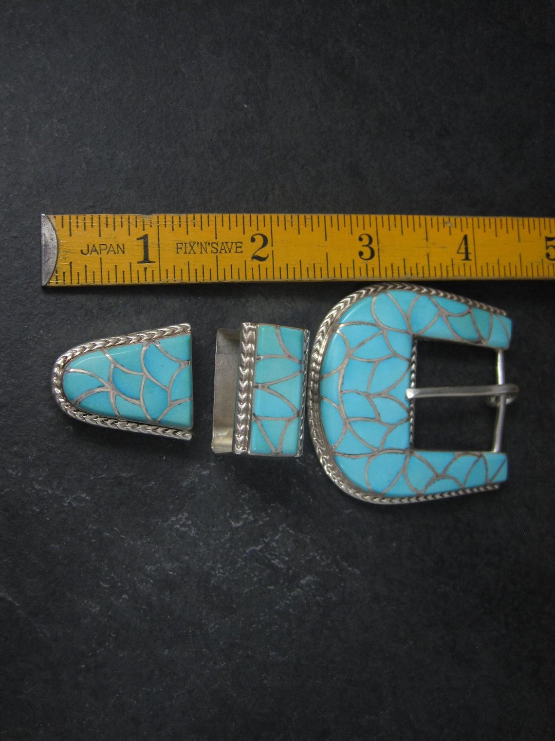 Navajo Sterling Turquoise Inlay Belt Buckle Set Emma Bonney In New Condition For Sale In Webster, SD