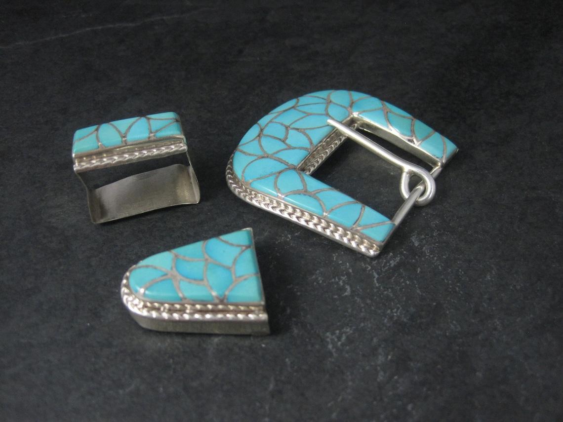 Women's Navajo Sterling Turquoise Inlay Belt Buckle Set Emma Bonney For Sale