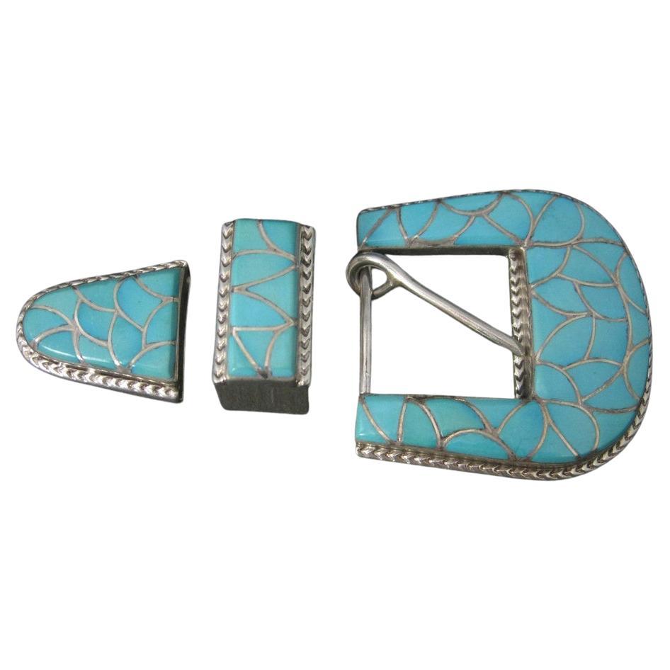 Navajo Sterling Turquoise Inlay Belt Buckle Set Emma Bonney For Sale