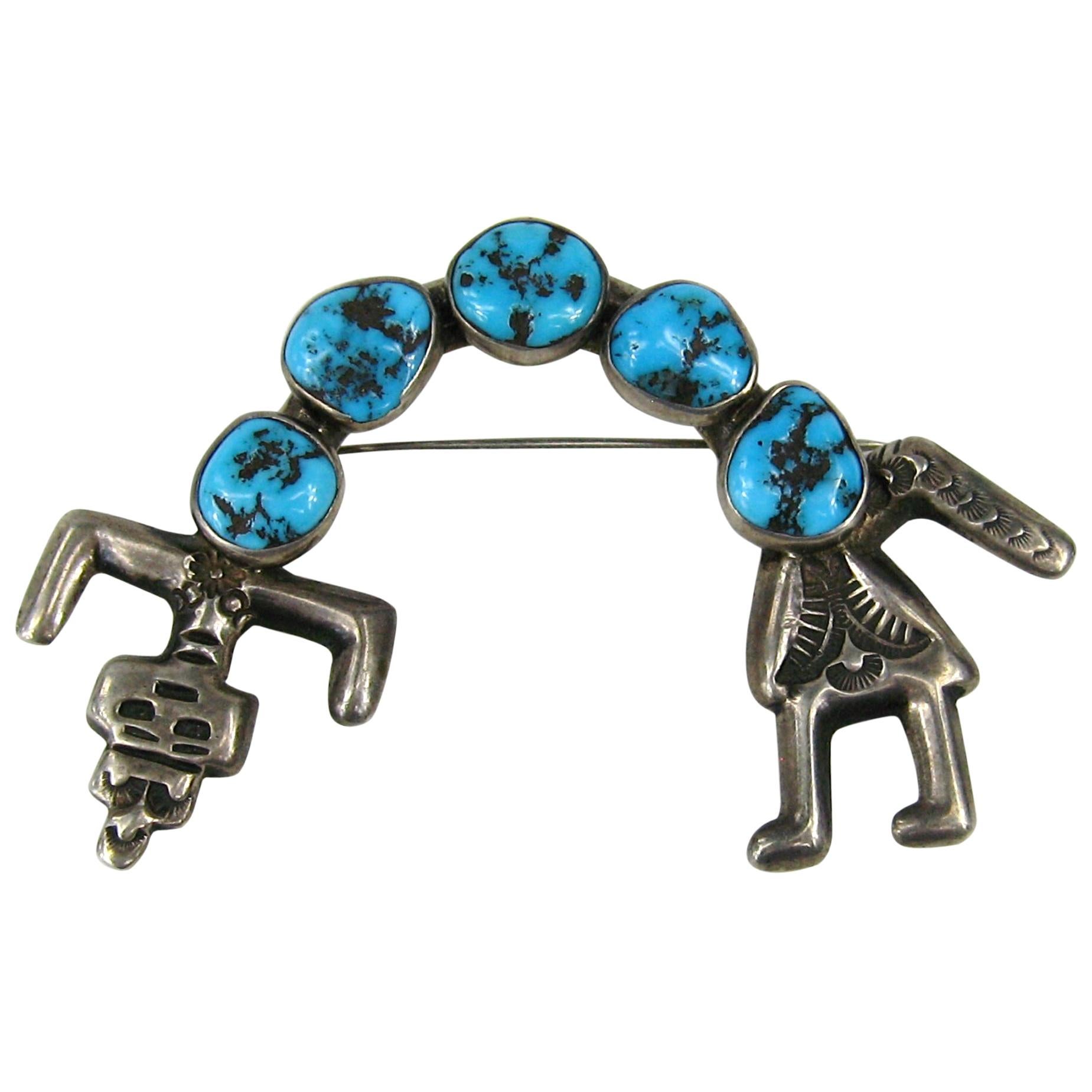 Navajo Sterling Turquoise Man Yei Hatband Brooch Pin  For Sale