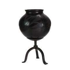 Navajo Style Black On Black Mexican Blackware Pottery Vase On Wrought Iron Stand