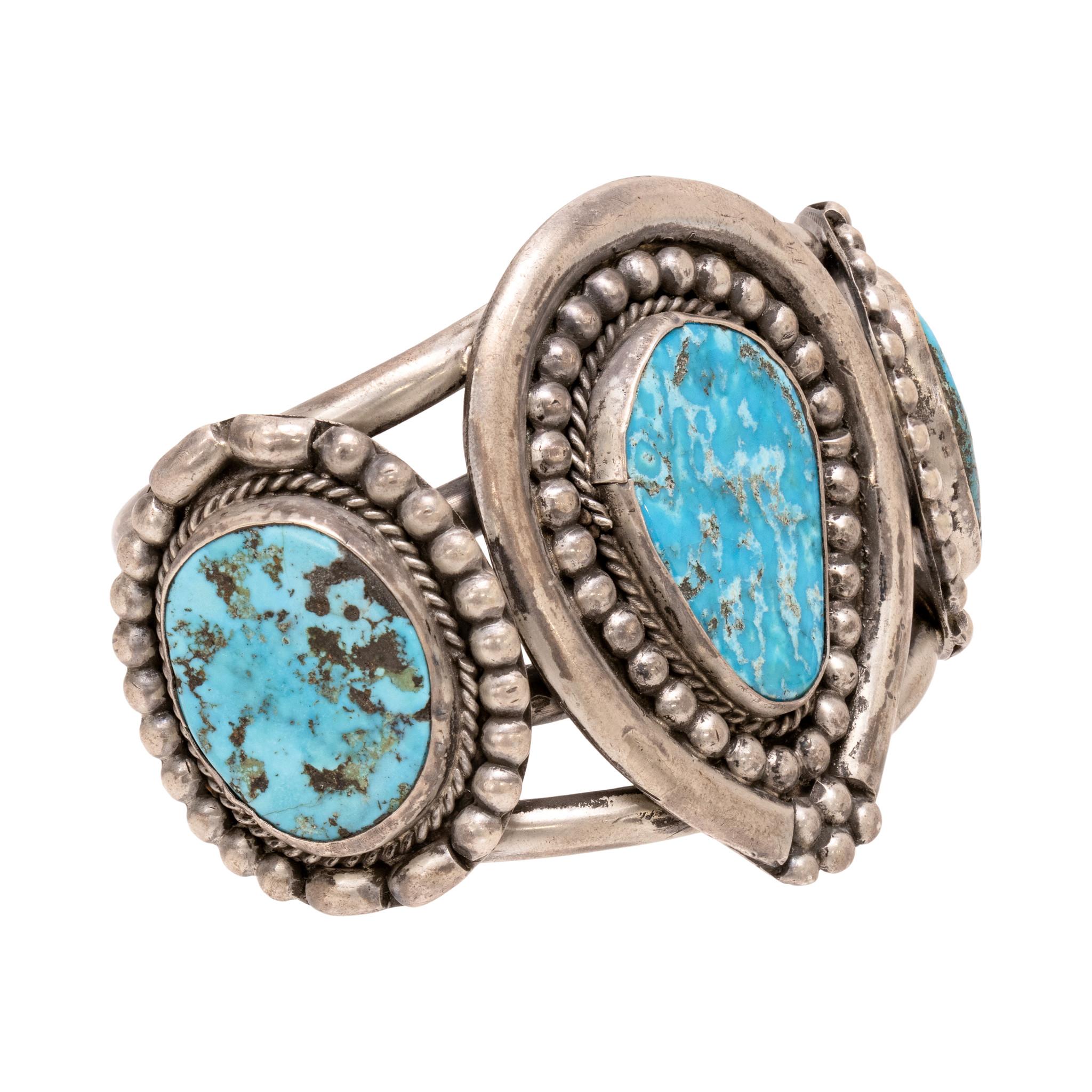 Non taillé Bracelet manchette à trois pierres Navajo en vente