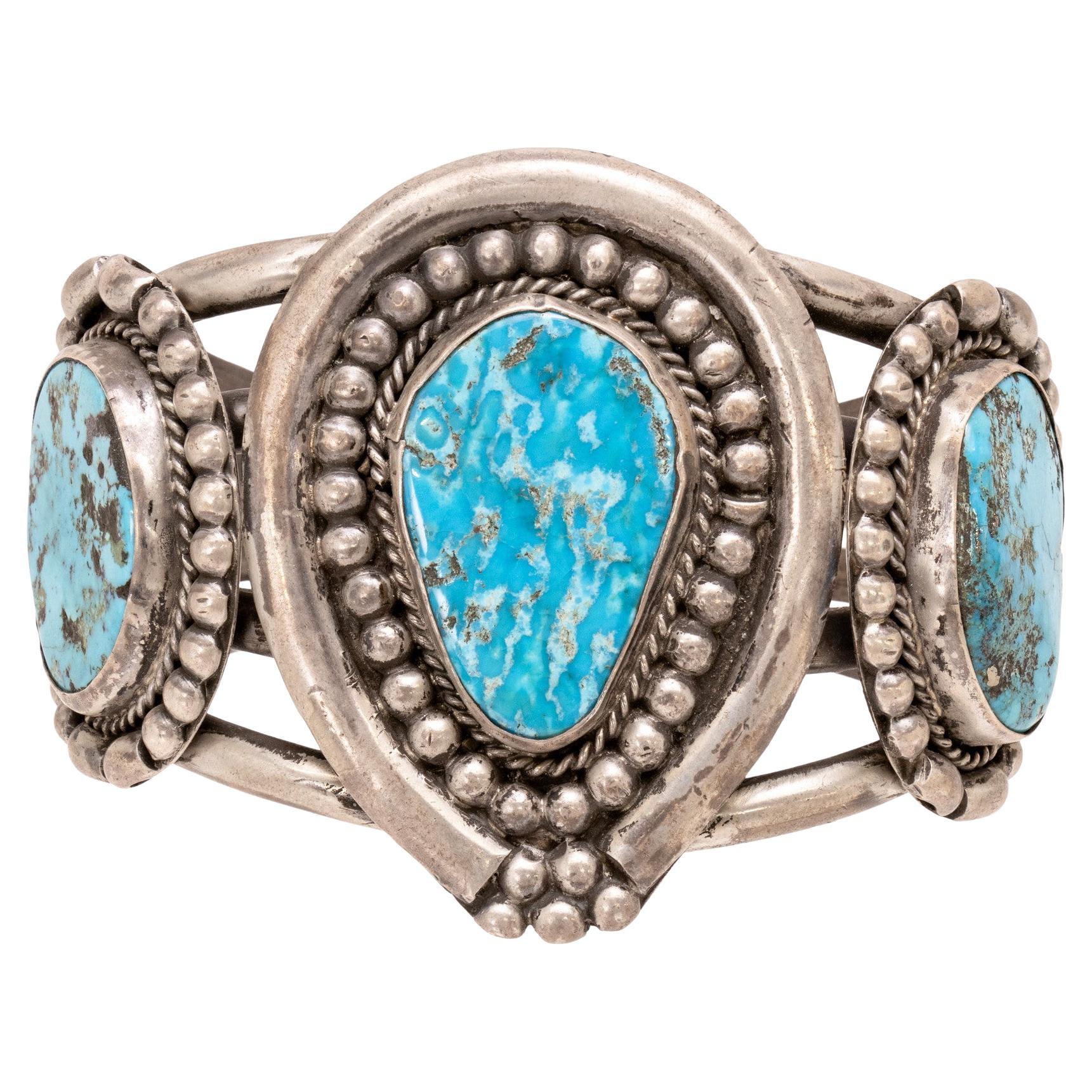 Bracelet manchette à trois pierres Navajo en vente