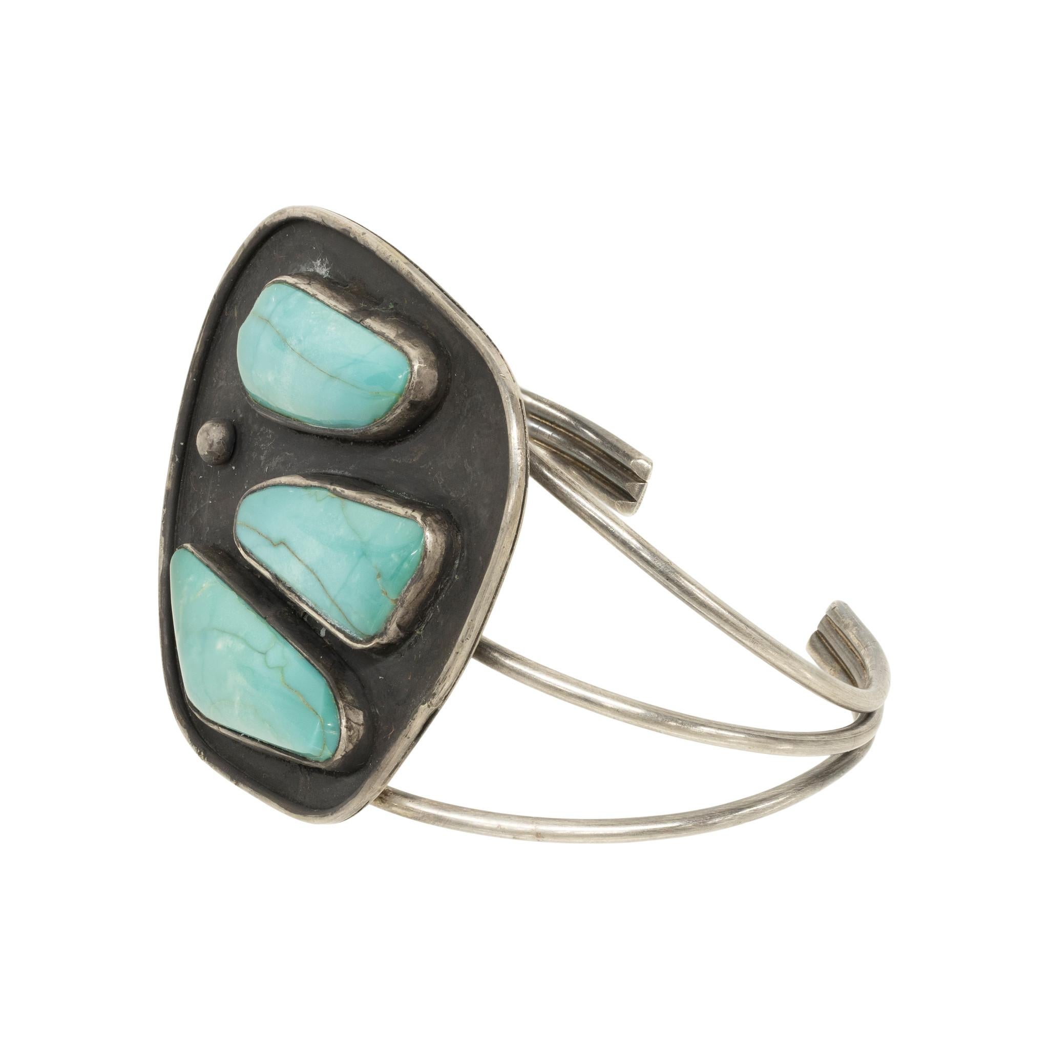 Native American Navajo Three-Stone Turquoise Cuff Bracelet For Sale