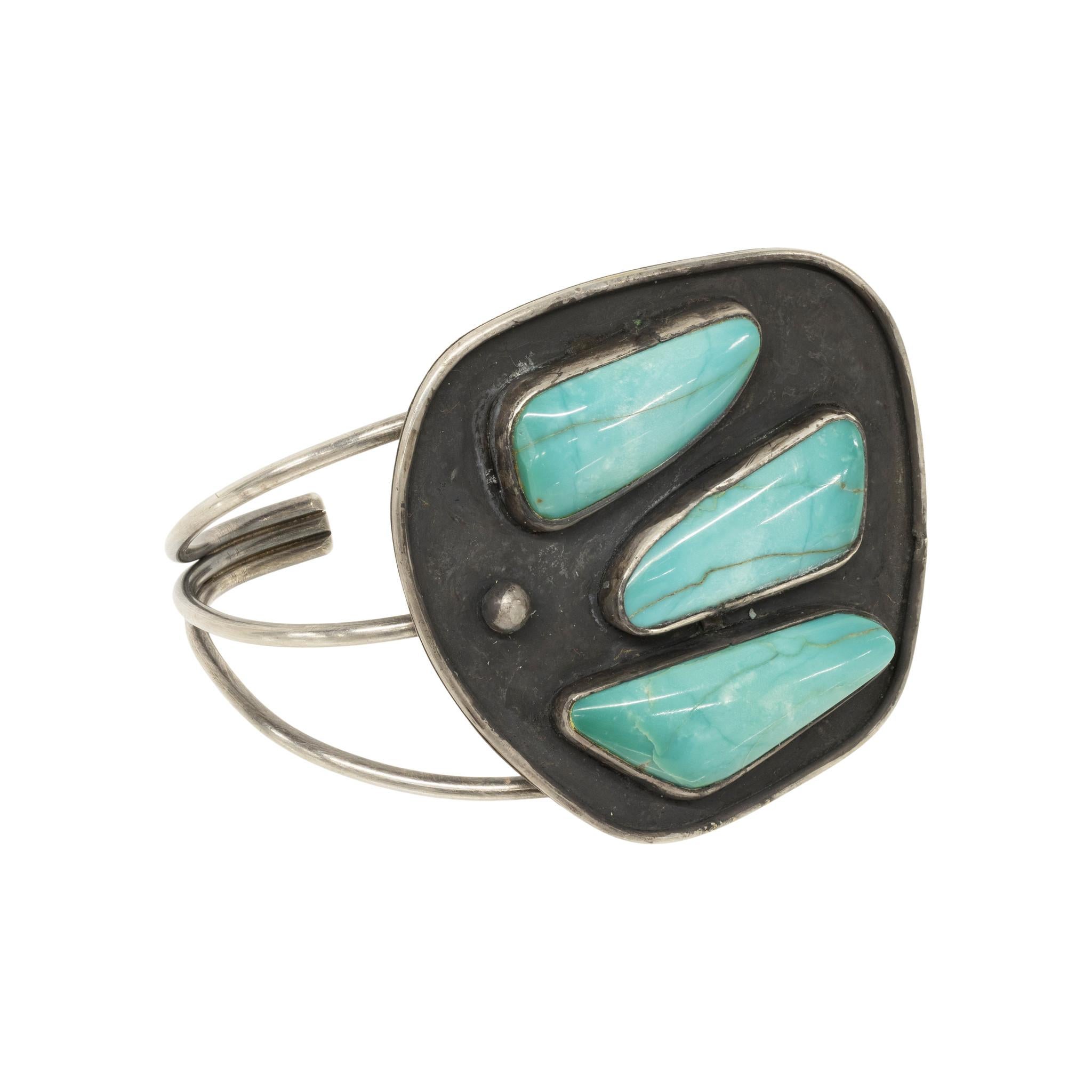 Mixed Cut Navajo Three-Stone Turquoise Cuff Bracelet For Sale