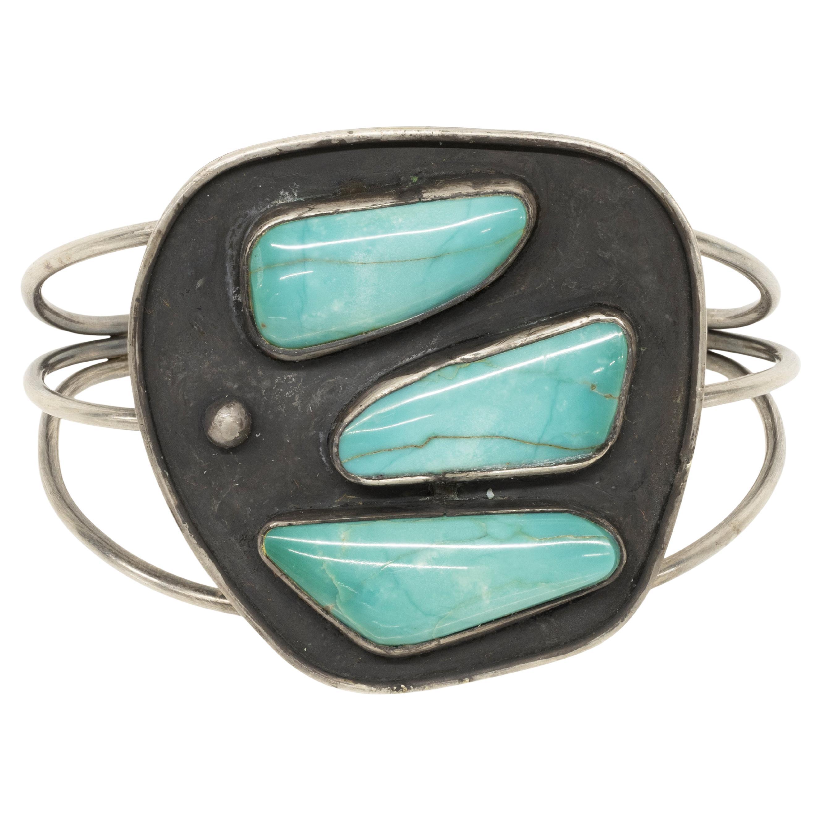 Navajo Three-Stone Turquoise Cuff Bracelet For Sale