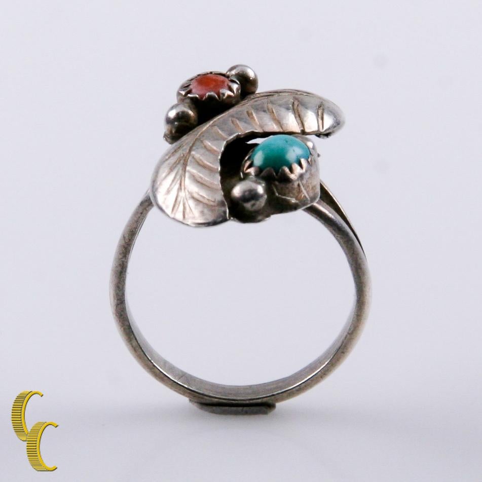 Nativo americano Anello Navajo Tom Moore in argento sterling con turchese e corallo, misura 5,5 in vendita