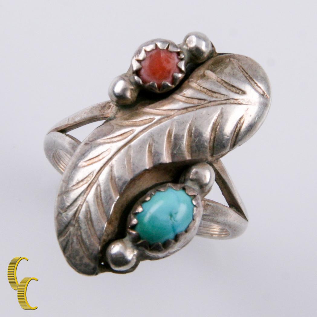 Cabochon Anello Navajo Tom Moore in argento sterling con turchese e corallo, misura 5,5 in vendita