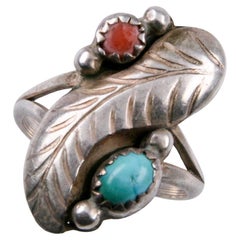 Vintage Navajo Tom Moore Sterling Silver Turquoise and Coral Ring, Size 5.5