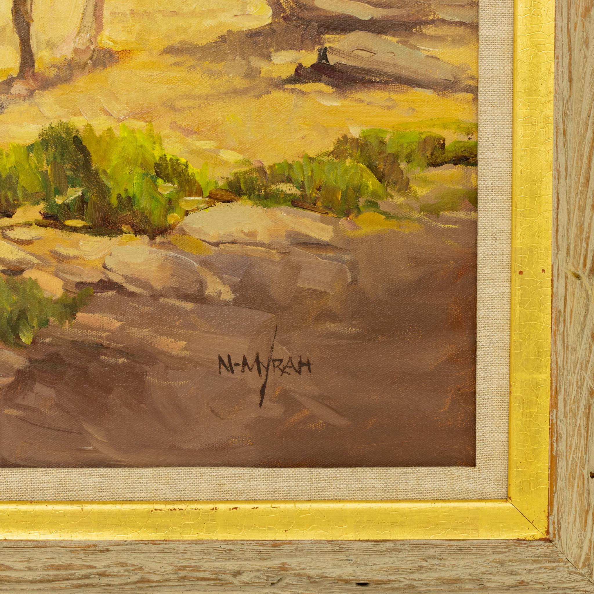 Óleo original sobre lienzo. En un marco de estilo rústico de madera de granero con placa dorada con el nombre. Impresionante cuadro de cálidos tonos amarillos realizado en estilo impresionista. La pintura representa a un grupo de indios nativos