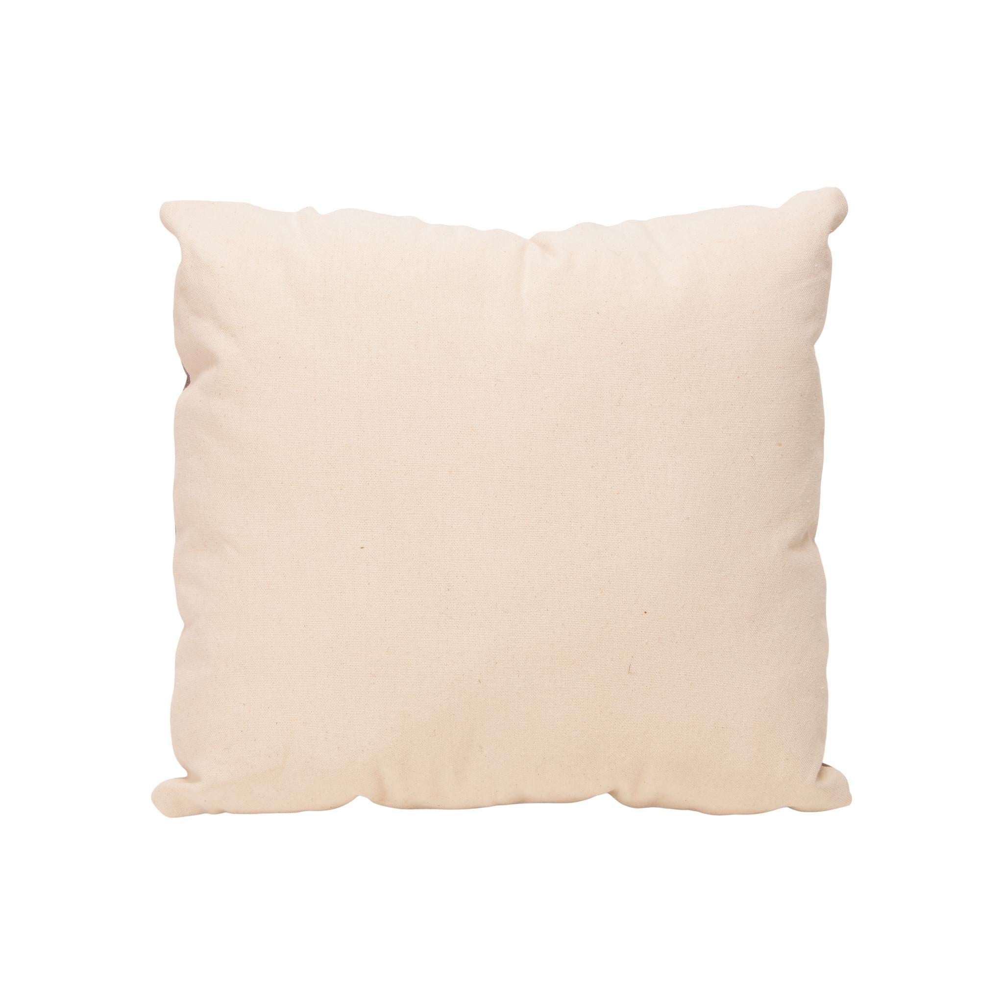 Almohada de transición Navajo. Almohada hecha a mano con la parte delantera de tejido de transición navajo de 1880 y bordeada con cuero de tonos oscuros y medios. Respaldado con lona. Con colores naturales teñidos de crema, rojo, marrón, verde y