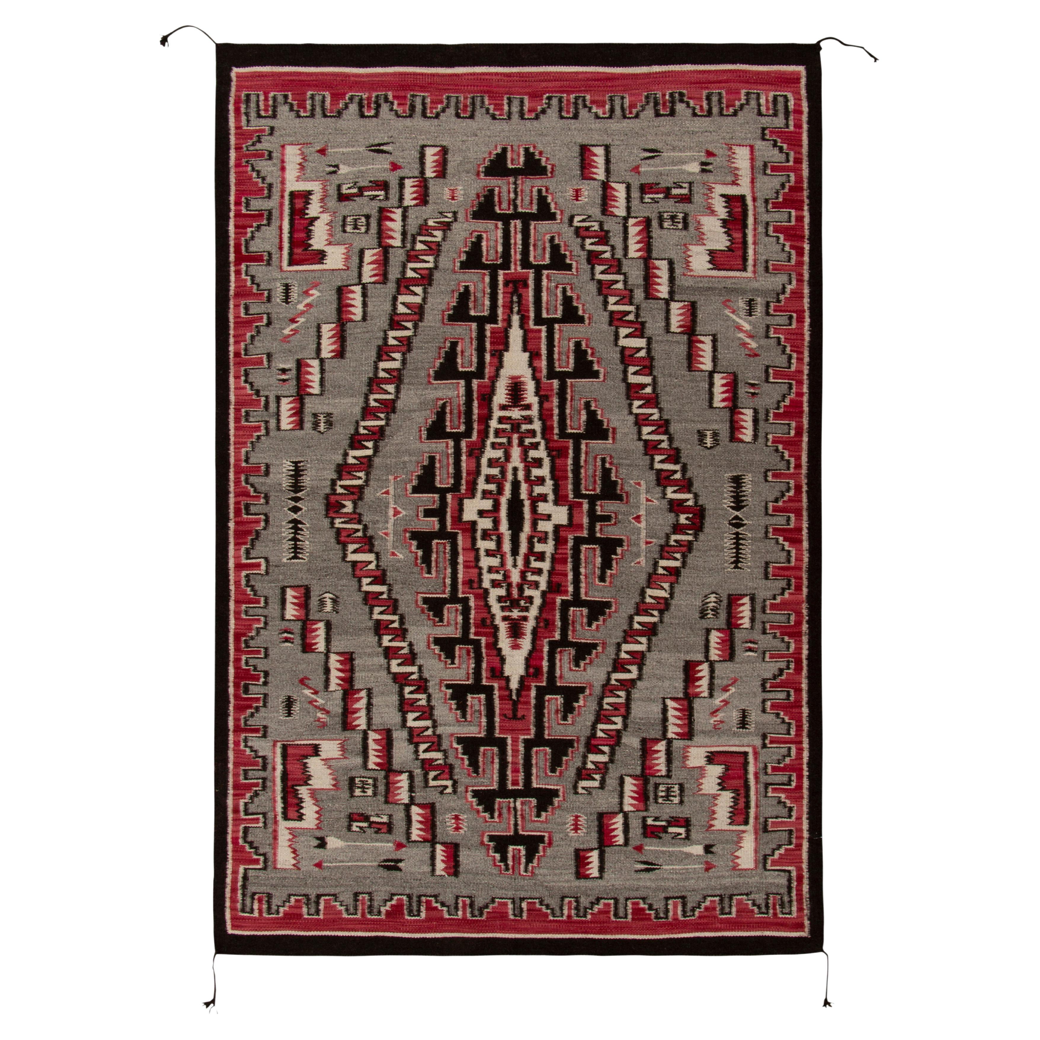 Rug & Kilim's Navajo Tribal Kilim Style Rug in Red Gray, Black Geometric Pattern