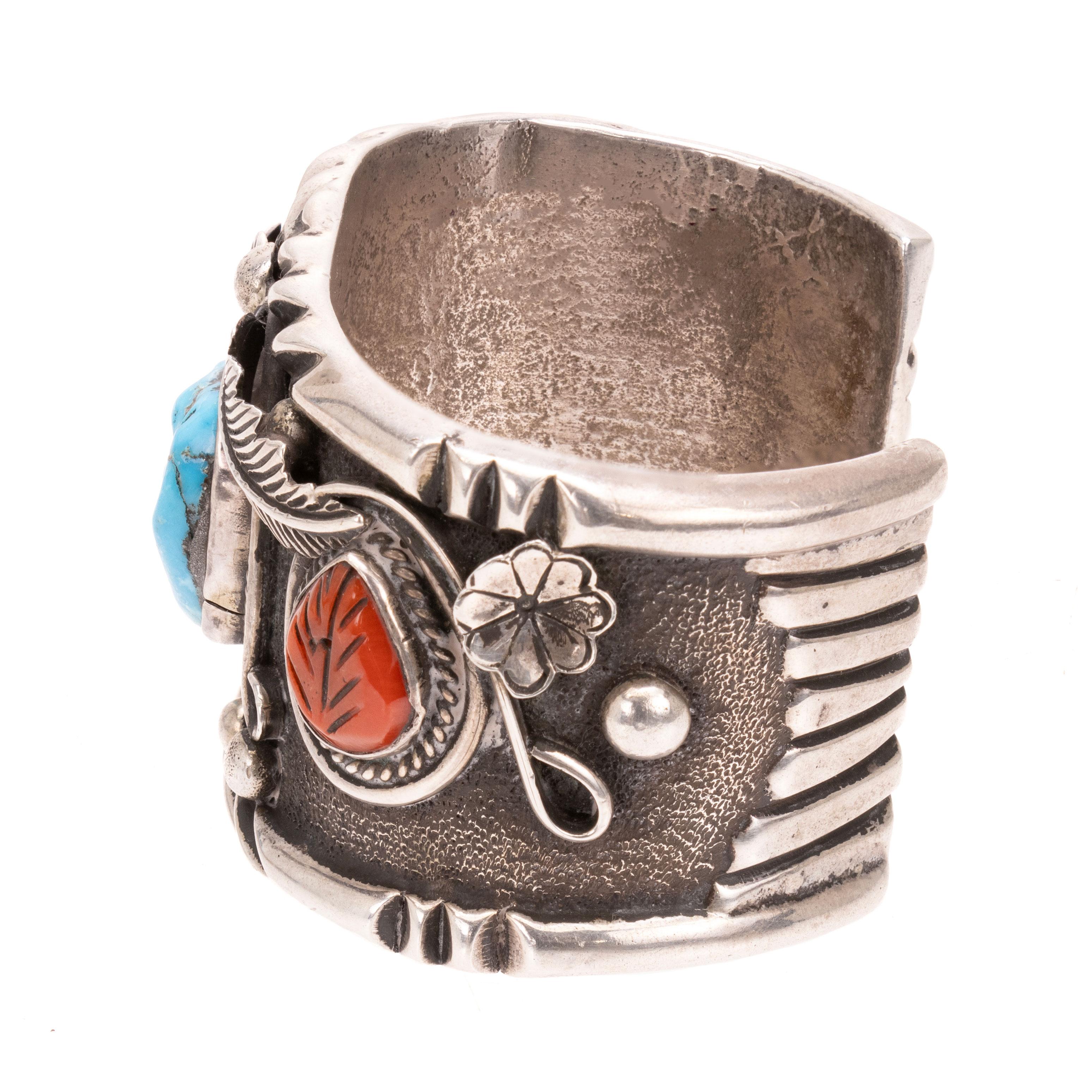 Native American Navajo Turquoise and Coral Bracelet For Sale