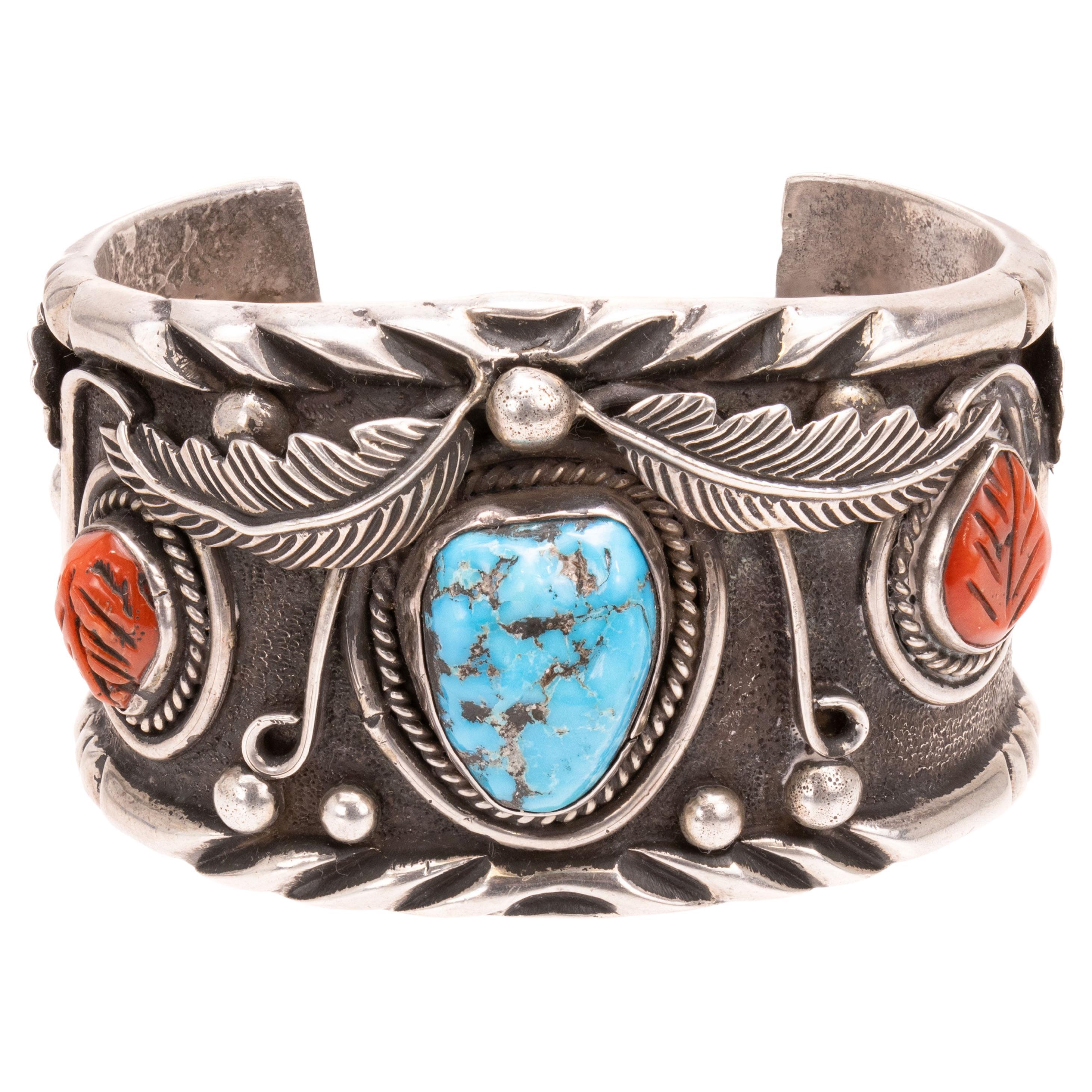 Navajo Turquoise and Coral Bracelet For Sale