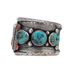 Navajo Turquoise and Coral Cuff Bracelet