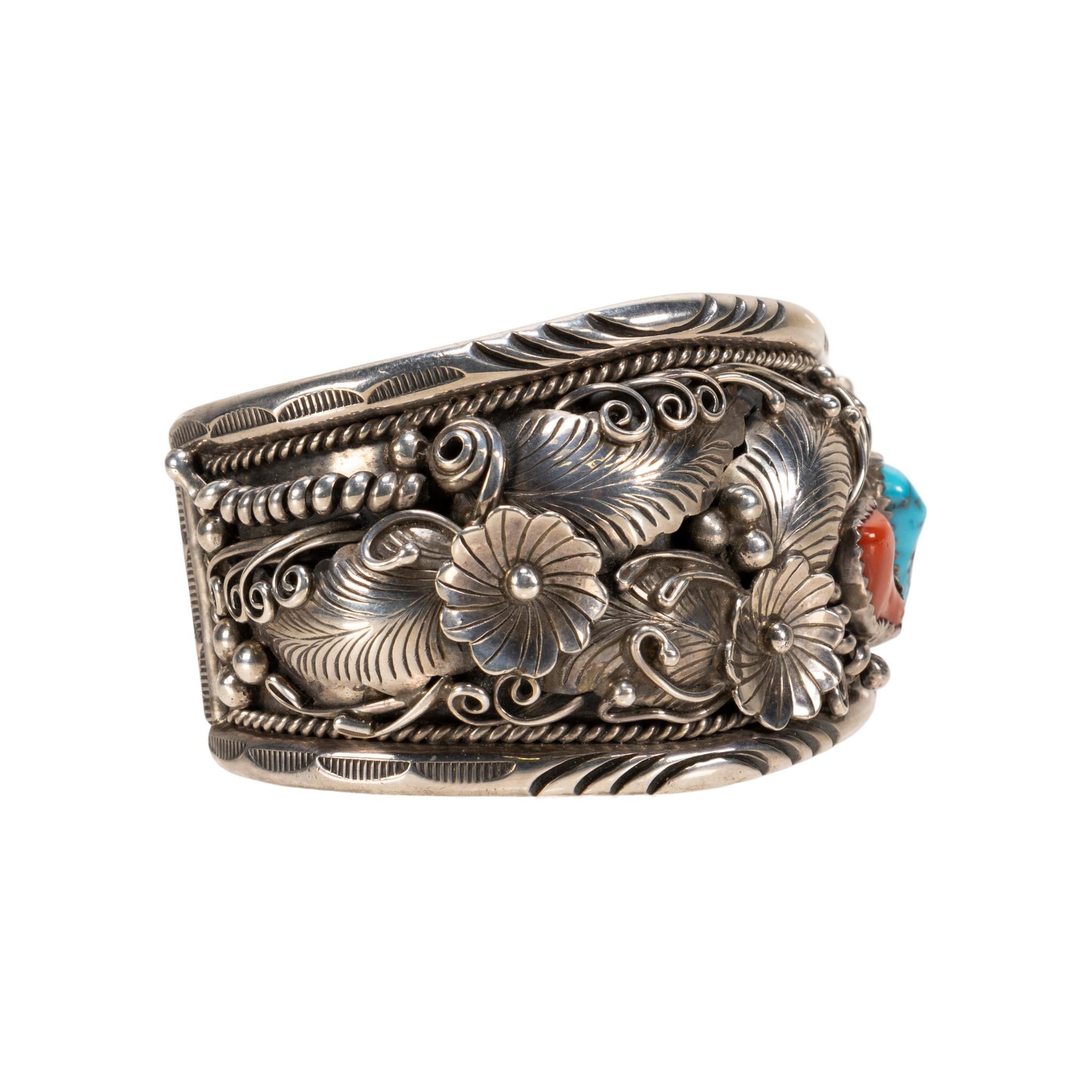 Native American Navajo Turquoise and Coral Cuff Bracelet For Sale