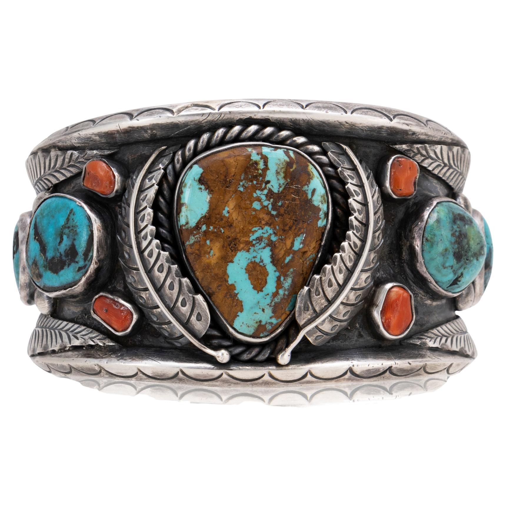 Navajo Turquoise and Coral Cuff Bracelet
